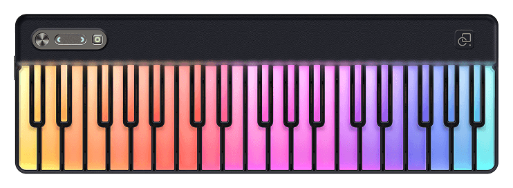 PartyKeys smart keyboard front view, keys lit in a full spectrum