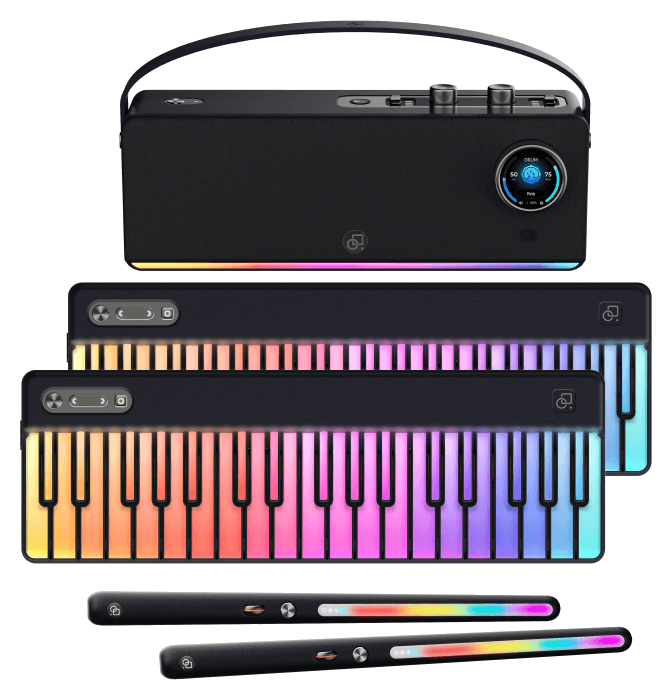 The complete PartyKeys kit — keyboards, speaker, and light sticks